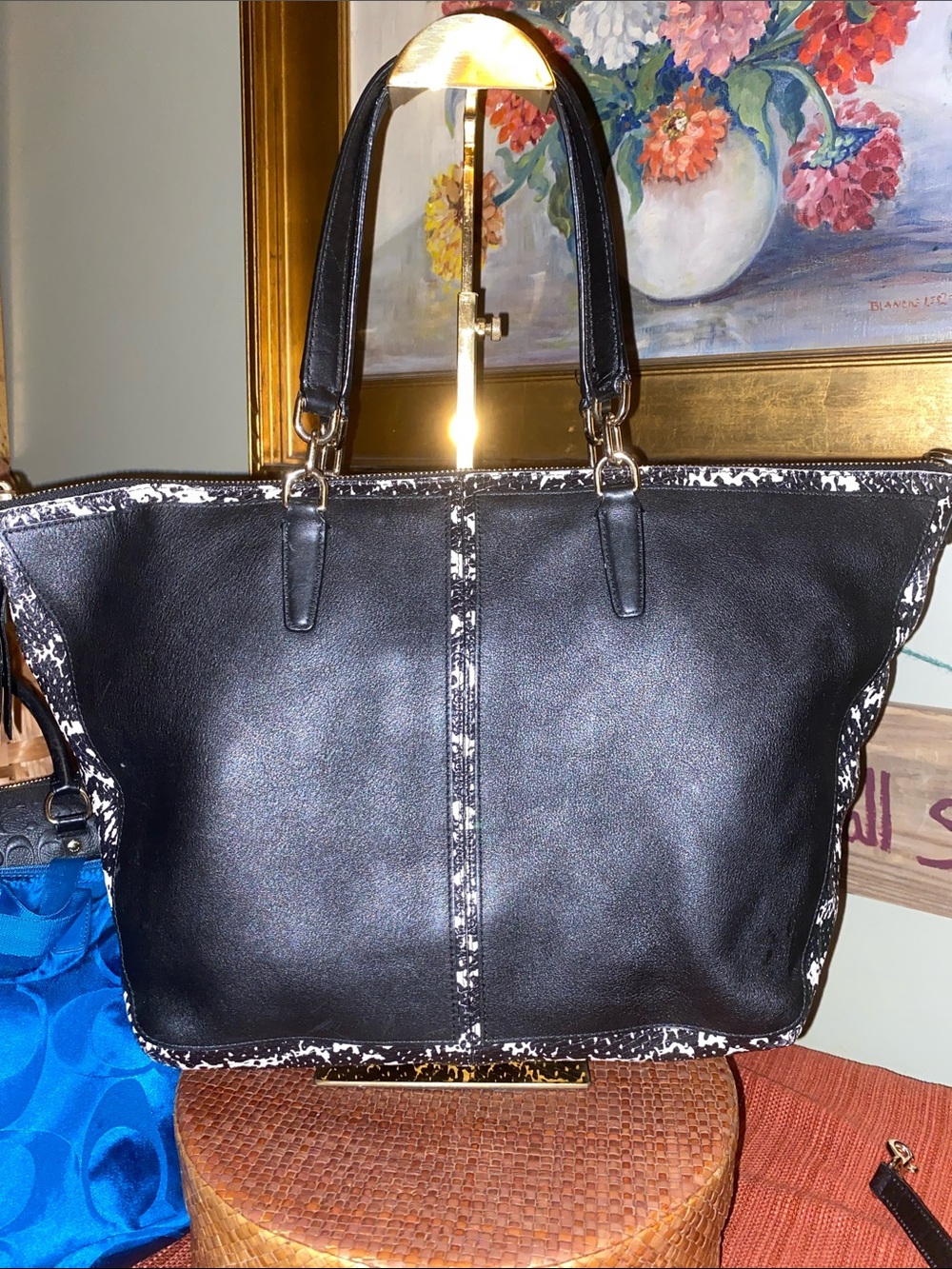 Coach Bleeker Python Embossed 2 Tone Cooper Satchel ~ Black / Gold